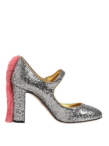 Dolce & Gabbana Silver Glitter Mink Fur VALLY Pump Women's Shoes (view 1)