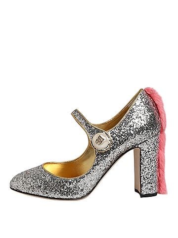 Dolce & Gabbana Silver Glitter Mink Fur VALLY Pump Women's Shoes (view 2)