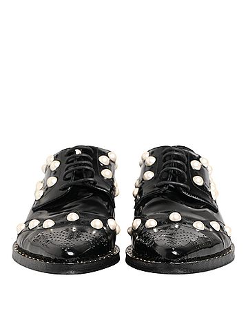 Dolce & Gabbana Black Leather Faux Pearl Dress Broque Women's Shoes (view 2)