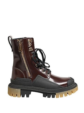 Dolce & Gabbana Maroon Leather Lace Up Biker Boots Women's Shoes (view 1)