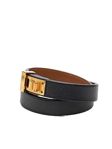 Hermès Hermes Mini Dog Double Tour Bracelet, X Stamp, Size T2, Black Gold Leather Plated, Women's. (view 2)