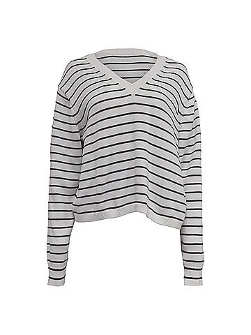 Theory Theory Stiped V-Neck Sweater in White Cotton (view 1)