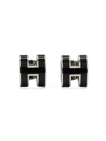 Hermès HERMES Mini Pop H Earrings, Metal, Lacquer, Black, Silver (view 2)