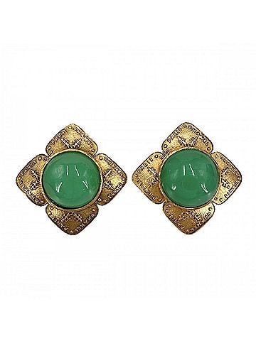 Chanel Chanel Earrings, Women's Vintage Accessory, CHANEL GP, Colored Stone, Size 2.8, Gold, Green, Approx. 33.8g, 1993 (view 1)