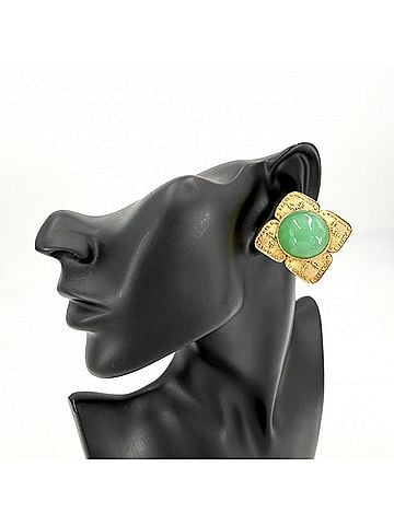 Chanel Chanel Earrings, Women's Vintage Accessory, CHANEL GP, Colored Stone, Size 2.8, Gold, Green, Approx. 33.8g, 1993 (view 2)