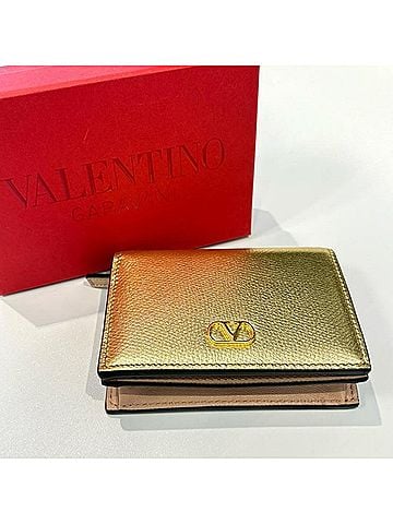 Valentino Valentino V-logo Signature Compact Wallet, Grained Calfskin, Gold, Bi-fold Wallet (view 1)