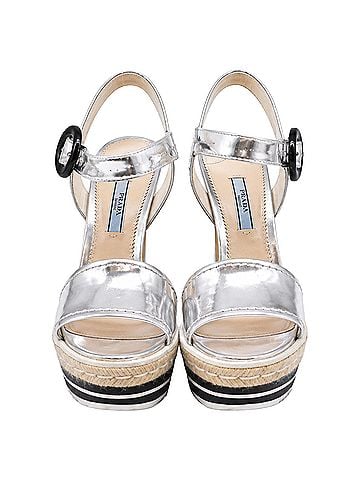 Prada Prada Metallic Mirror Espadrille Platform Ankle Strap Sandals in Silver Leather (view 2)