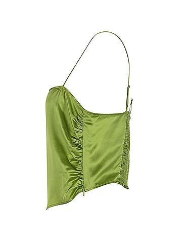 Reformation Reformation Ruched Asymmetric Tank Top in Green Silk (view 2)
