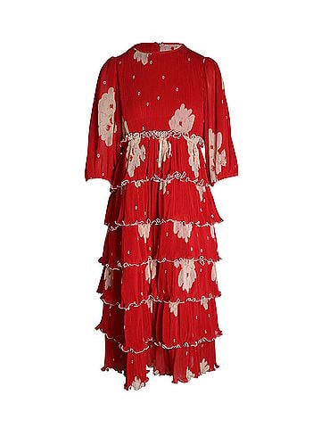 Ganni Ganni Tiered Midi Dress in Red Floral Print Recycled Polyester (view 1)