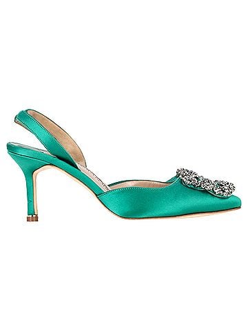 Manolo Blahnik Manolo Blahnik Hangisi70 Embellished Slingback Pumps in Green Satin (view 1)