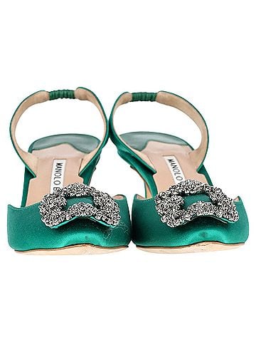 Manolo Blahnik Manolo Blahnik Hangisi70 Embellished Slingback Pumps in Green Satin (view 2)