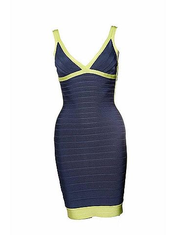 Herve Leger Herve Leger, blue bodycon dress with lime green framing in size S. (view 1)