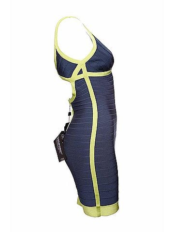 Herve Leger Herve Leger, blue bodycon dress with lime green framing in size S. (view 2)