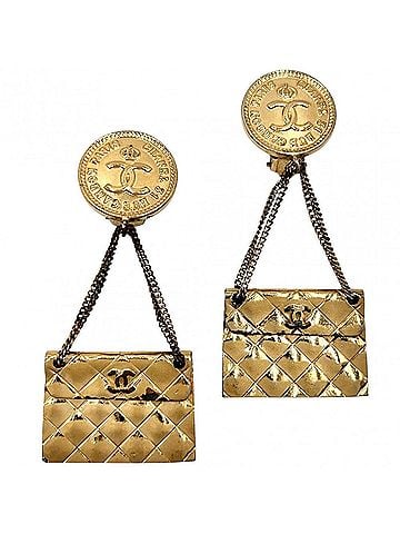 Chanel Chanel Earrings for Women, Coco Mark Bag Motif, Matelassé Swing Earrings, Vintage Accessory, CHANEL GP 26 Gold, Approx. 39.8g, 1991 (view 1)