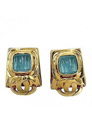 Chanel Chanel Earrings for Women, Coco Mark, Vintage, CHANEL GP, Colored Stone, 97P Gold, Light Blue, Approx. 27.5g, 1997 (view 1)