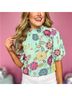 THML 100% Polyester Floral Green Blue Short Sleeve Blouse Size S - photo 4