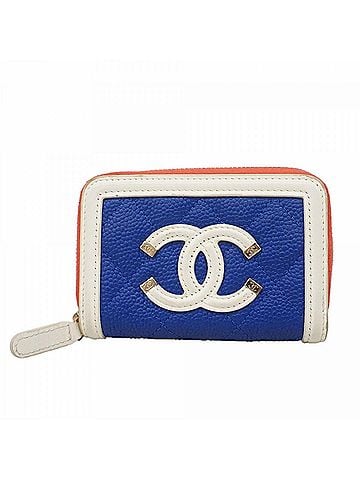 Chanel Chanel CC Filigree Caviar Skin Wallet/Coin Case, Blue, White, Red, Women's, OP008156 (view 1)