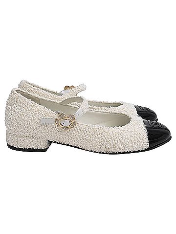 Chanel Chanel CC Tweed Mary Jane Ballet Flats in White Cotton (view 1)