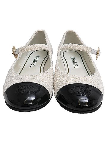 Chanel Chanel CC Tweed Mary Jane Ballet Flats in White Cotton (view 2)