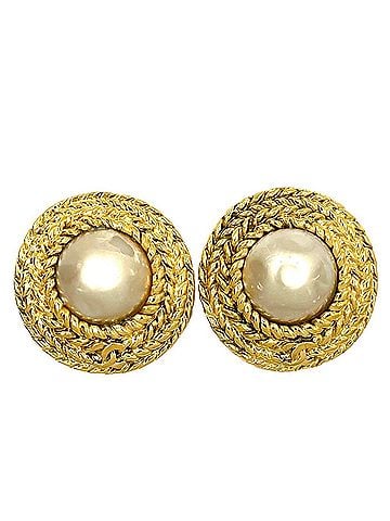 Chanel Chanel Earrings for Women, Chain Design, Round, Coco Mark, Accessory, CHANEL GP, Faux Pearl, Gold, White, Approx. 33.0g (view 1)