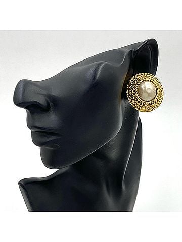 Chanel Chanel Earrings for Women, Chain Design, Round, Coco Mark, Accessory, CHANEL GP, Faux Pearl, Gold, White, Approx. 33.0g (view 2)