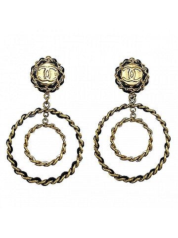 Chanel Chanel Earrings for Women, Coco Mark Swing Accessory, Chain, CHANEL GP Leather 93C, Black with Gold Hardware, Approx. 85.1g, 1993 (view 1)