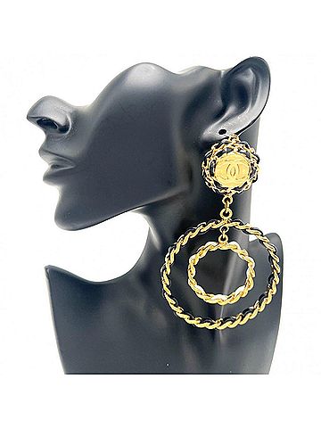 Chanel Chanel Earrings for Women, Coco Mark Swing Accessory, Chain, CHANEL GP Leather 93C, Black with Gold Hardware, Approx. 85.1g, 1993 (view 2)