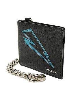 Prada Prada PRADA Bi-fold Wallet Saffiano Compact Chain Lightning Bolt Blue Keyring Logo Metal Black 2MO513 Men's Billfold (view 2)