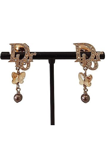 Christian Dior Christian Dior Rhinestone Logo Butterfly Pearl Swing Earrings, GP Gold Color, Women's (view 1)