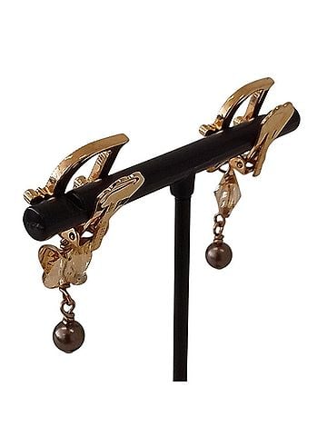 Christian Dior Christian Dior Rhinestone Logo Butterfly Pearl Swing Earrings, GP Gold Color, Women's (view 2)