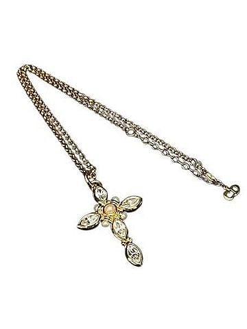 Christian Dior Christian Dior necklace, cross pendant, gold metal, rhinestone, faux pearl, women's. (view 1)