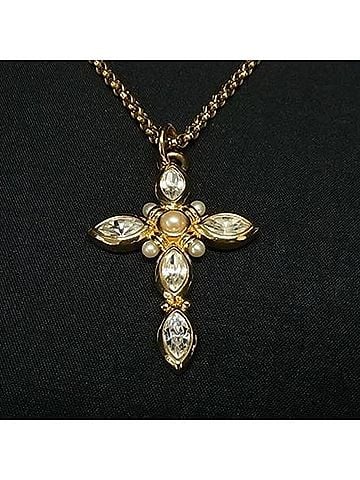 Christian Dior Christian Dior necklace, cross pendant, gold metal, rhinestone, faux pearl, women's. (view 2)