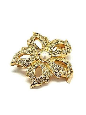 Christian Dior Christian Dior brooch, gold metal, women's, flower motif, rhinestones, faux pearls. (view 1)