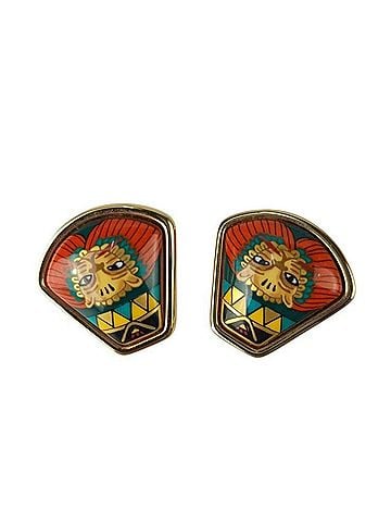 Hermès HERMES earrings, enamel, multicolor, metal x cloisonné, women's, lion, animal, fan shape. (view 1)
