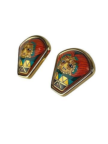 Hermès HERMES earrings, enamel, multicolor, metal x cloisonné, women's, lion, animal, fan shape. (view 2)