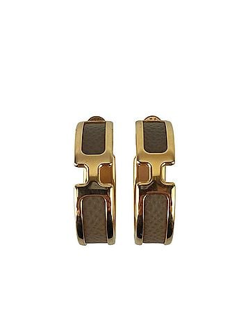 Hermès HERMES Olympe Earrings, Gold and Brown Metal Leather, Women's (view 1)