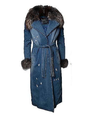 Philipp Plein Philipp Plein, denim trench coat with fur collar (view 1)