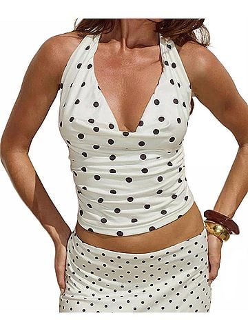 RNWY Melody Halter Polka Dot Cowl Neck Top in White (view 2)