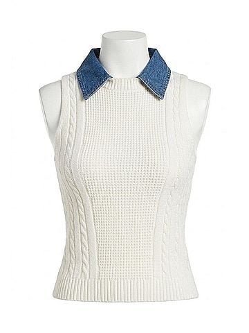 Central Park West Serena Mixed Stitch Denim Collar Shell Sweater Tank in White (view 1)