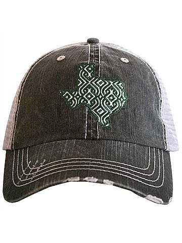 Katydid Collection Women's Embroidered Ikat Texas Distressed Trucker Hat in Green &amp; White (view 1)