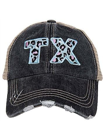 Katydid Collection Women's Texas State Embroidered Distressed Trucker Hat in Blue Pink Leopard (view 1)