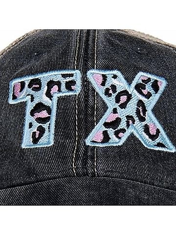 Katydid Collection Women's Texas State Embroidered Distressed Trucker Hat in Blue Pink Leopard (view 2)
