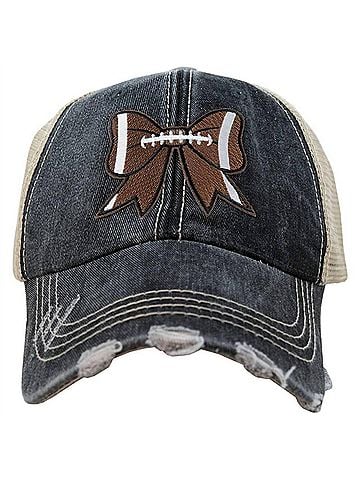 Katydid Collection Women's Football Bow Coquette Patch Distressed Trucker Hat in Black (view 1)