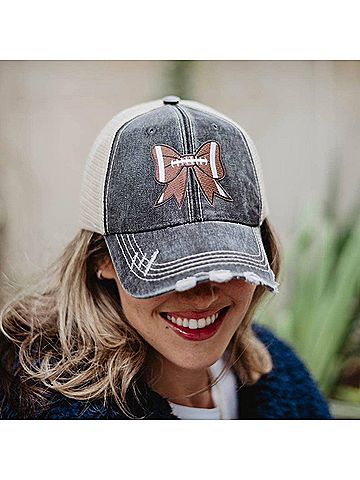 Katydid Collection Women's Football Bow Coquette Patch Distressed Trucker Hat in Black (view 2)