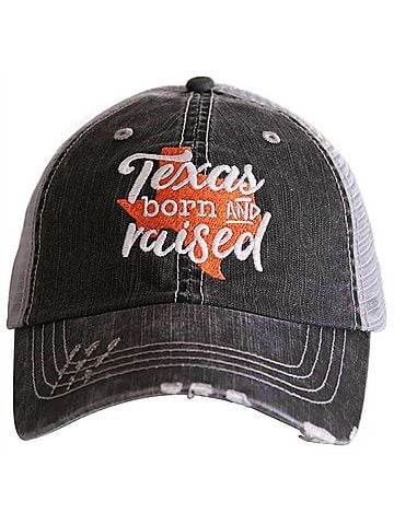Katydid Collection Women's Texas Born &amp; Raised Embroidered Trucker Hat in Burnt Orange Distressed Cap (view 1)
