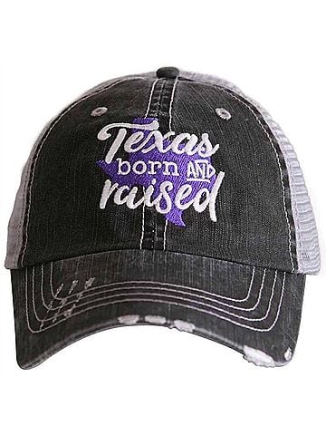 Katydid Collection Women's Texas Born And Raised Embroidered Distressed Trucker Hat in Purple (view 1)