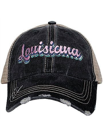 Katydid Collection Women's Louisiana Layered Embroidered Trucker Hat in Black Denim Distressed (view 1)