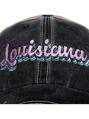 Katydid Collection Women's Louisiana Layered Embroidered Trucker Hat in Black Denim Distressed (view 2)