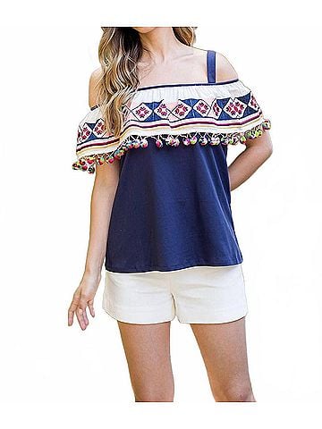 THML Viva Mexico Embroidered Flounce Top in Navy (view 2)