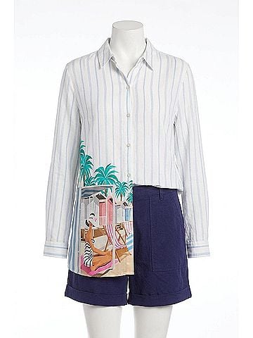 Tribal Janene At The Beach Long Sleeve Button Up Top in Seashore (view 1)